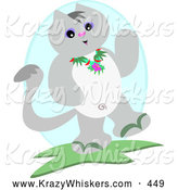 Critter Clipart of a Happy Friendly Gray Cat Waving and Wearing a Lei by