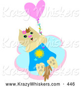 Critter Clipart of a Happy Furry Beige Cat Holding onto a Heart Balloon and Floating in the Sky by
