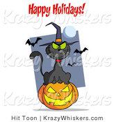 Critter Clipart of a Happy Holidays Greeting over a Black Cat and Pumpkin by Hit Toon