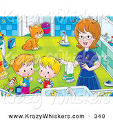 Critter Clipart of a Happy Mom Helping Her Children Get Cleaned up in a Bathroom, a Cat Watching in the Background by Alex Bannykh