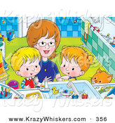 Critter Clipart of a Happy Mother Bending down to Help a Boy and Girl Clean Themselves up in a Bathroom by Alex Bannykh