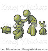 Critter Clipart of a Happy Olive Green Family, Father, Mother and Newborn Baby with Their Dog and Cat by Leo Blanchette