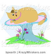 Critter Clipart of a Happy Tan Kitty Cat with a Pink Ringed Tail, Sun Bathing on a Mushroom by