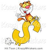 Critter Clipart of a Happy Tiger Riding on a Dollar Symbol and Waving by Hit Toon