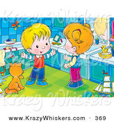 Critter Clipart of a Happy White Boy Talking with His Sister While Standing by a Cat Kin a Bathroom by Alex Bannykh