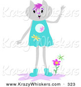 Critter Clipart of a Human like Gray Cat in a Dress, Standing by Flowers and Waving by