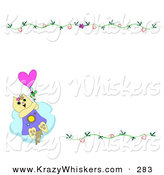 Critter Clipart of a Light Brown Cat Flying Away with a Balloon, in the Lower Left Corner of a White Background with Floral Vines by
