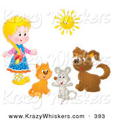 Critter Clipart of a Little Blonde Girl with a Cat, Mouse and Dog Under a Bright Summer Sun by Alex Bannykh
