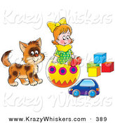 Critter Clipart of a Little Girl and Kitty Playing with a Toy Car, Ball and Blocks by Alex Bannykh