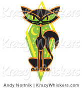 Critter Clipart of a Mysterious Thin Black Cat Sitting in Front of a Green Diamond with the Moon and Stars and Green Eyes by Andy Nortnik