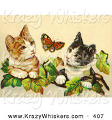 Critter Clipart of a Painting of Two Curious Victorian Cats in Ivy Leaves Watching a Butterfly by OldPixels