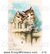 Critter Clipart of a Painting of Two Curious Victorian Kittens Peering over a Wooden Fence, Gazing at Daisy Flowers by OldPixels