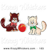Critter Clipart of a Pair of White and Brown Kittens Wearing Bows, Playing with a Ball, Glancing at the Viewer by Alex Bannykh