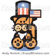 Critter Clipart of a Patriotic Orange Cat Wearing a Fake White Beard and an American Hat and Waving a Flag on Independence Day by Andy Nortnik