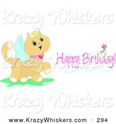 Critter Clipart of a Pink Birthday Greeting of a Cute Angel Cat with a Halo and Wings by