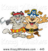 Critter Clipart of a Pirate Cat with a Hook Hand Standing and Smiling with a Pirate Dog Canine with a Peg Leg by Dennis Holmes Designs