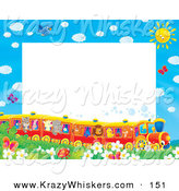 Critter Clipart of a Pretty Stationery Border or Frame of Birds, Butterflies, Bugs, and Flowers Watching a Train of Animals on a Sunny Day by Alex Bannykh