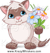Critter Clipart of a Romantic Kitten Holding up Flowers by Pushkin