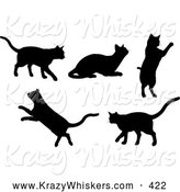 Critter Clipart of a Set of 5 Silhouetted Kitty Cats Walking, Resting, Jumping and Leaping by KJ Pargeter