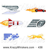 Critter Clipart of a Set of 6 Icons - Winged Envelope, Sports Car, Rocket, Tire, Sprinter and Cheetah by AtStockIllustration