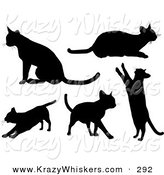 Critter Clipart of a Set of Five Silhouetted Kitty Cats Sitting, Laying, Stretching, Walking and Standing up on Their Hind Legs by KJ Pargeter