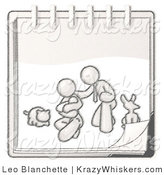 Critter Clipart of a Sketched Design Mascot Family Showing a Man Kneeling Beside His Wife Cradling a Newborn Baby with Their Dog and Cat on a Notebook by Leo Blanchette