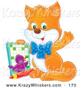 Critter Clipart of a Smart Orange Kitten and Purple Bird, Waving at the Viewer and Holding up an Activity Book by Alex Bannykh