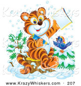 Critter Clipart of a Smart Orange Tiger Cub and Bird in the Snow, Coloring in an Activity Book by Alex Bannykh