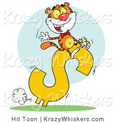 Critter Clipart of a Successful Tiger Riding on a Dollar Symbol While Waving by Hit Toon