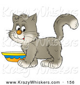 Critter Clipart of a Sweet Gray and White Kitten Standing by a Saucer of Milk by Alex Bannykh