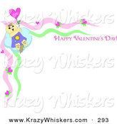 Critter Clipart of a Tan Kitty Cat Holding onto a Balloon and Flying Away on a Stationery Border with "Happy Valentine's Day" Text by