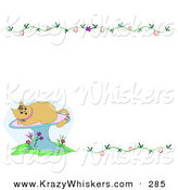 Critter Clipart of a Tan Kitty Cat on a Mushroom in the Lower Left Corner of a Blank White Stationery Background with Vines by