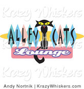 Critter Clipart of a Thin Solid Black Cat Sitting in the Center of Green, Blue and Pink Diamonds on a Vintage Alley Cats Lounge Sign by Andy Nortnik