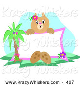 Critter Clipart of a Tropical Cat Sitting by a Palm Tree, Holding up a Blank White Sign by
