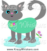 Critter Clipart of a Tropical Gray Cat Wearing a Collar by
