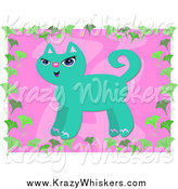 Critter Clipart of a Turquoise Cat over Pink with a Gingko Leaf Border by