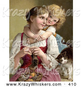 Critter Clipart of a Vintage Painting of a Little Blond Victorian Girl Hugging Her Mom from Behind As She Knits, a Cat Rubbing Against Her Arm by OldPixels