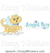 Critter Clipart of a Winged Tan Angel Cat with a Halo Prancing Around with Angel Boy Text by