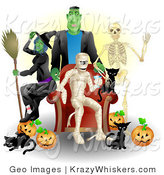 Critter Clipart of a Witch, Frankenstein, Skeleton, Mummy, Black Cats and Pumpkins at an All Hallows Eve Party by AtStockIllustration
