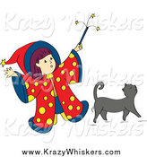Critter Clipart of a Wizard Girl Holding up Her Magic Wand over Her Gray Cat by Cherie Reve