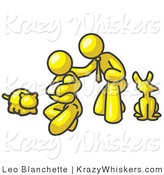 Critter Clipart of a Yellow Family, Father, Mother and Newborn Baby with Their Dog and Cat on White by Leo Blanchette
