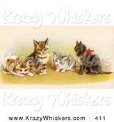 Critter Clipart of AGroup of Four Adorable Victorian Kittens in a Group, One Wearing a Red Bow by OldPixels