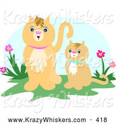 Critter Clipart of AHappy Adult Beige Cat Standing Beside Her Kitten near Purple and Pink Flowers by