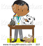 Critter Clipart of an African American Male Veterinarian with a Bird on His Shoulder, Bandaging up an Injured Puppy, a Cat at His Feet. by Maria Bell