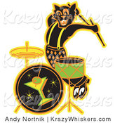 Critter Clipart of an Enthusiastic Black Cat Playing the Drums While Entertaining at a Bar Clipart Illustration by Andy Nortnik