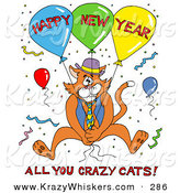 Critter Clipart of an Orange Cat in a Blue Vest and Tie, Holding onto Balloons and Surrounded by Confetti at a Party, with Happy New Year All You Crazy Cats Text by LaffToon