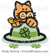 Critter Clipart of an Orange Cat on a Shamrock St Patrick's Day Hat, Smoking a Pipe by Andy Nortnik