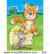 Critter Clipart of an Orange Cat Standing on the Other Side of a Cheese Wedge, Staring at a Frightened Mouse near a Mouse Hole by Alex Bannykh
