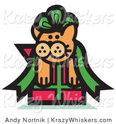 Critter Clipart of an Orange Cat Stuck in a Green Ribbon Bow on a Christmas Gift by Andy Nortnik