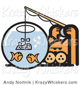 Critter Clipart of an Orange Cat Trying to Catch Goldfish in a Bowl by Using a Mouse As a Fishing Lure by Andy Nortnik